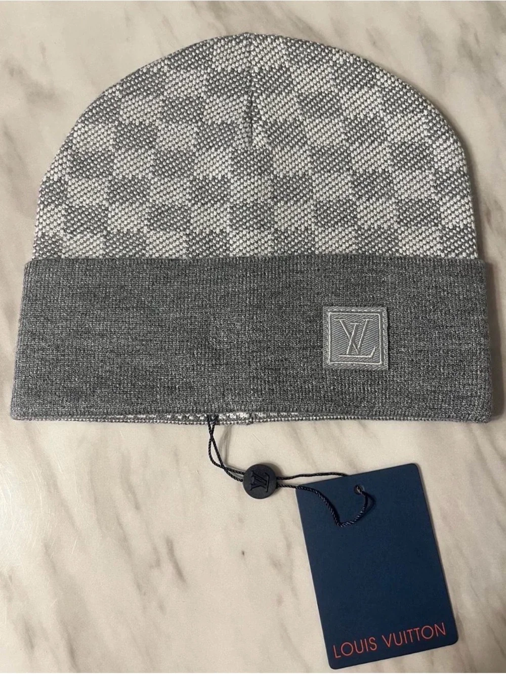 Louis Vuitton Gray Checkered Cuffed Beanie Hat